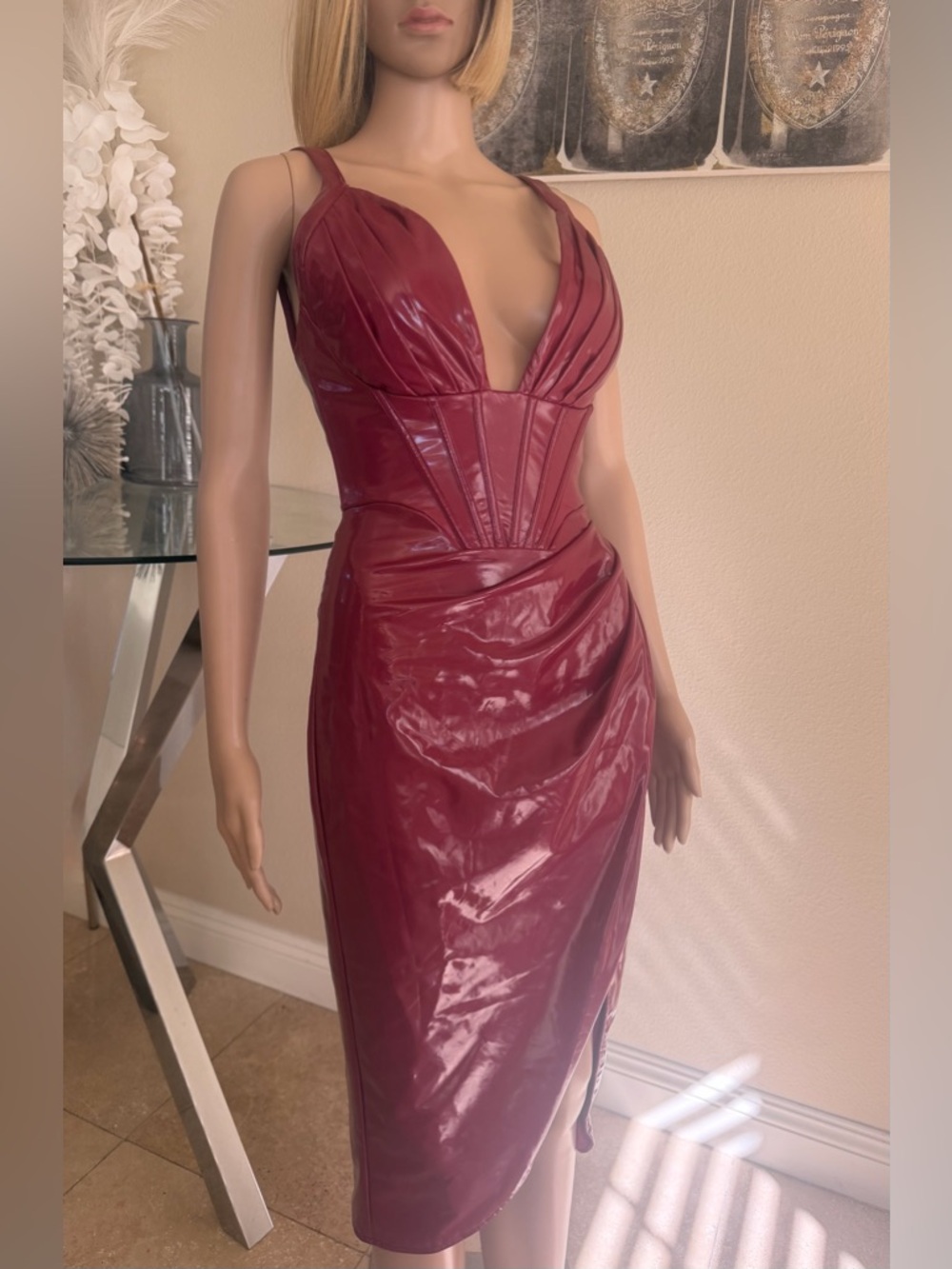 AKIRA Burgundy Faux Leather Plunge Midi Dress